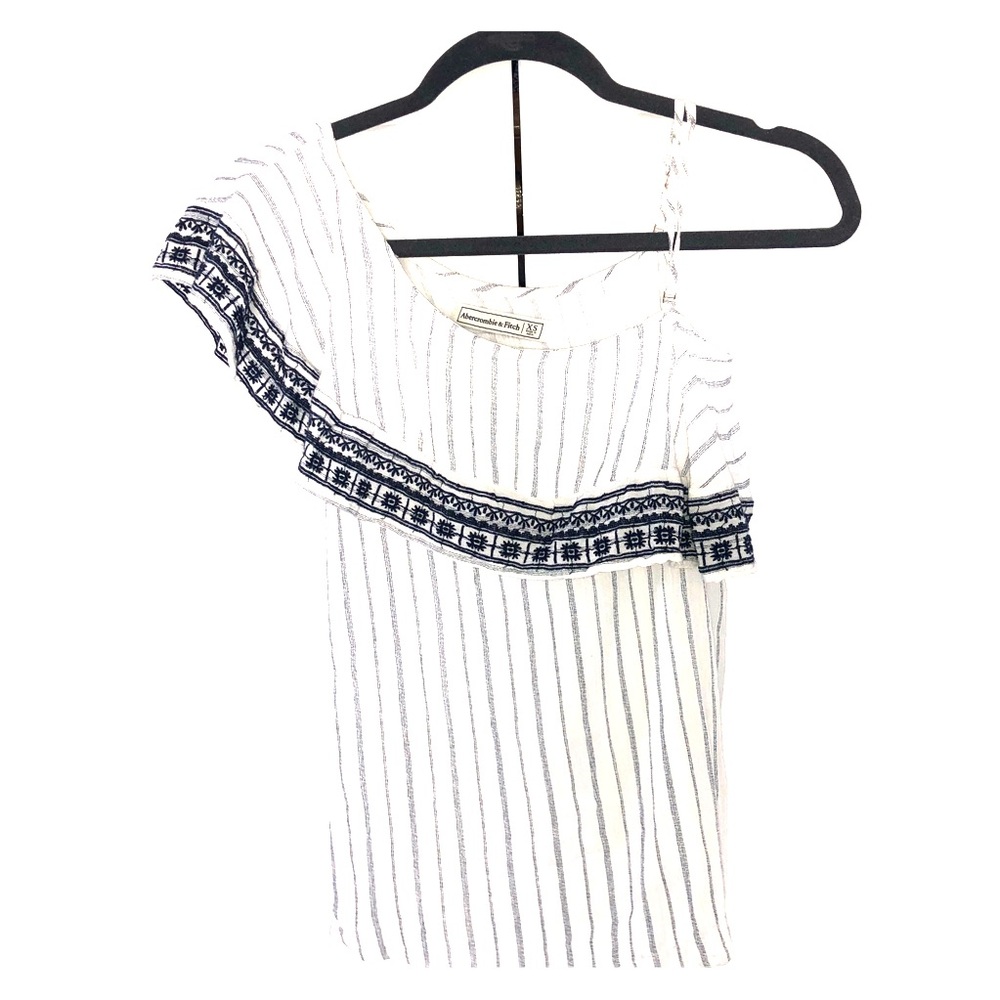 Flowly one shoulder ruffle navy and white top